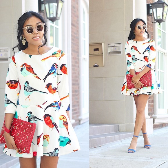 NWT White Peplum Drop Waist Multicolor Bird Print Scuba Mini Dress - Picture 5 of 10